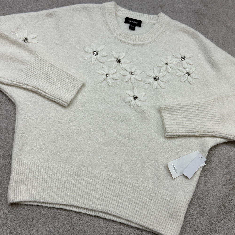 Karen Kane Sweater Women's L Cream Embroidered Rhinestone Coquette Shabby Chic